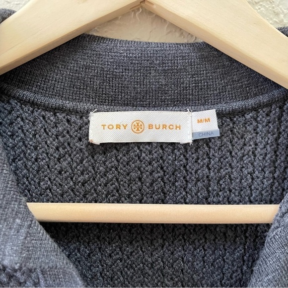 Tory Burch Sweater Henley Melange Wool Honeycomb Classic Minimalist Academia M - Picture 6 of 8